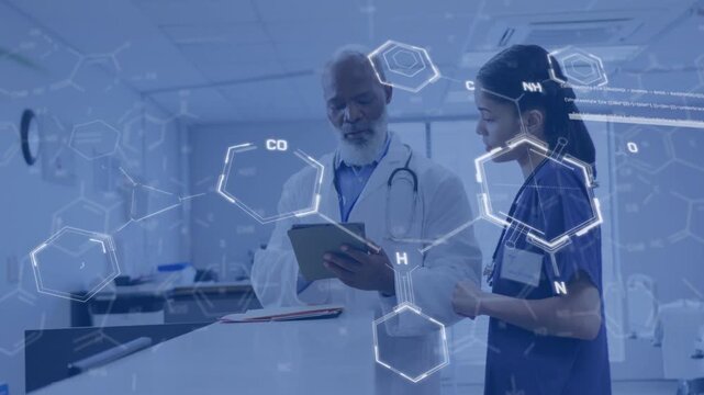 Sr doc tapping tablet, nurse pointing folder, producing medical hex overlay over staff for review