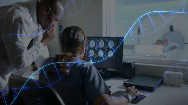 Rad tech cycling brain slices using mouse while doc leaning, assessing, DNA helix, patient in MRI