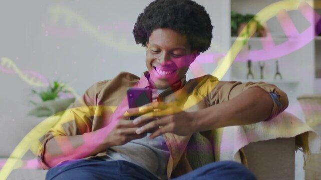 Man scrolling phone, ribbon sweeping, reacting to message and reaching toward offscreen sound, tech