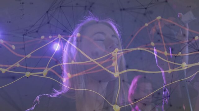 Female singer breathing, singing into mic for music, nodes aligning with contours under purple glow