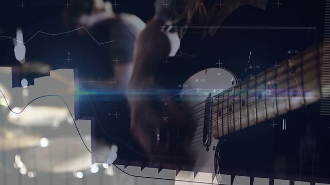 Vertical video: Guitarist starting strum revealing drum kit, overlays animating wave bars for music
