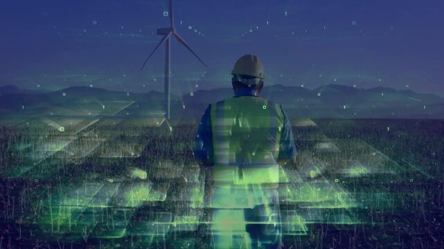 Male tech walking in stubble toward turbine inspecting and activating renewable energy data grid
