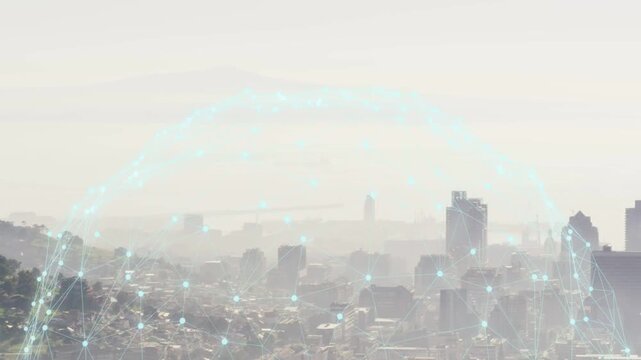 City panorama showing turquoise dome overlay emerging from soft activation pulse, mapping coverage