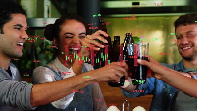 Group of five friends lifting bottles to toast in kitchen, finance candlesticks overlaying scene