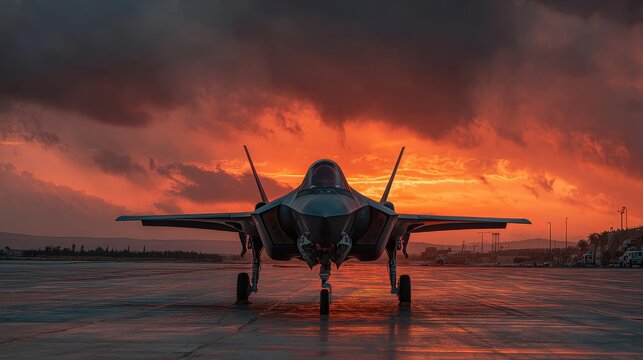 Stunning photo of 5th generation fighter plane of the Israeli Air Force on ground display at Hatzerim Air Force Base at sunset.