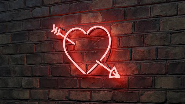 Animated neon sign of a heart pierced by an arrow glowing on a brick wall. Romantic red light decoration for a saint valentine's day celebration. Urban love symbol for a bar or party