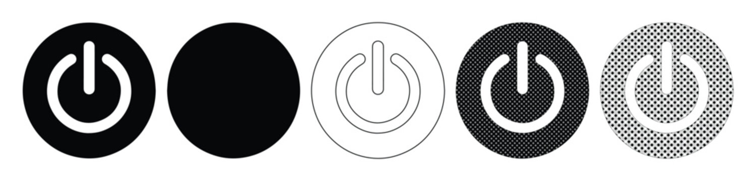 Power Button Icon Set, black and white vector graphics for UI/UX design. On/Off switch symbols, modern technology interface elements, digital controls.