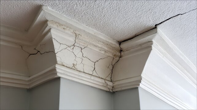Stunning photo of ceiling crack in interior corner where wall and ceiling meet with crown molding detail. Possible settling or structural issue.