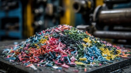 Fototapeta premium Stunning photo of close-up captures a pile of shredded, colorful plastic fragments, suggesting a process of material recycling, set against the backdrop of industrial machinery.