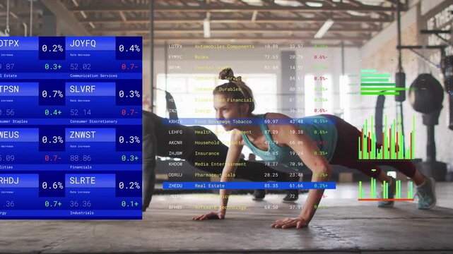 Woman starting plank doing sync pushups for fitness in studio as finance tickers animating over duo