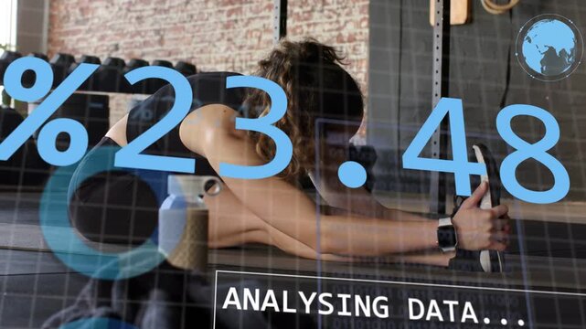 Woman reaching for shoe and pulling into hamstring stretch for fitness, data charts overlaying her