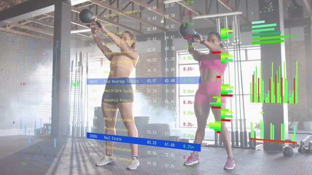Two women training, low squat hinging hips, swinging kettlebells while finance charts overlaying