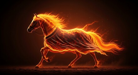 Obraz premium A fiery horse with a flowing mane and tail runs energetically on a dark background with flames outlining its body