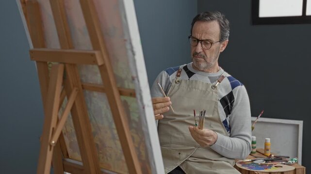 Man wearing apron and glasses holds multiple paintbrushes in hands while studying canvas on easel in studio; quiet concentration.
