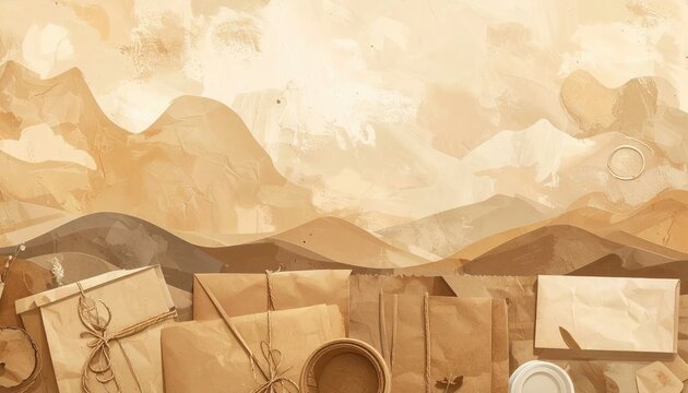 A surreal digital artwork blends a landscape of rolling hills with a collection of brown paper bags and circular objects, creating an intriguing and dreamlike composition.
