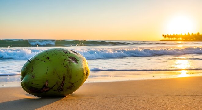 Coconut on a tropical beach sunset.