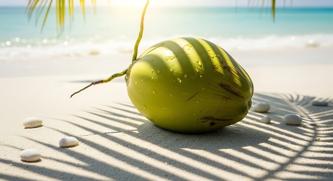 Coconut on sunny beach with palm shadows.