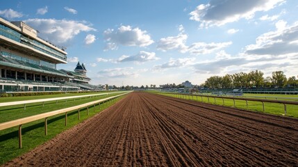 Stunning photo of horse racetrack with a well-maintained dirt track, surrounded by green grass, grandstands, and a vibrant atmosphere, capturing the excitement and tradition of.
