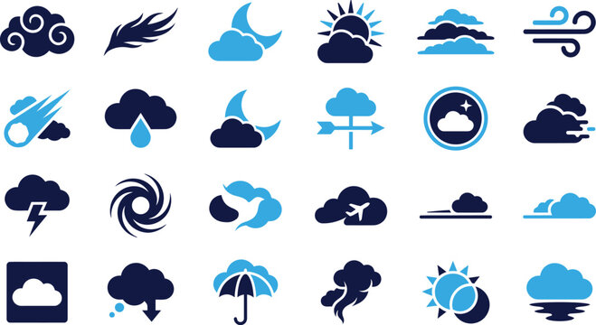 Weather forecast icons in blue and dark blue on white background weather symbols.