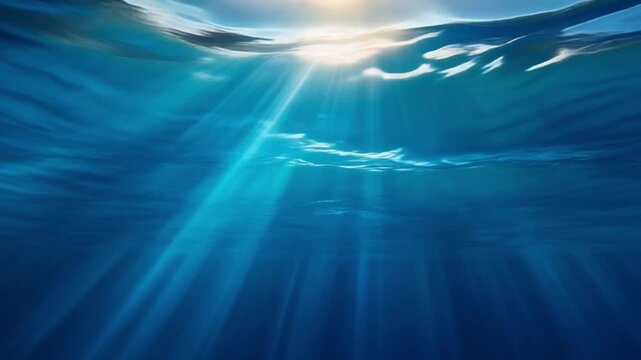 Underwater View Looking Up At Sun Rays Penetrating Blue Ocean Surface
