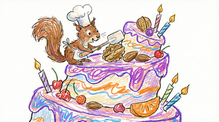 Fototapeta premium Chef squirrel decorating cake.