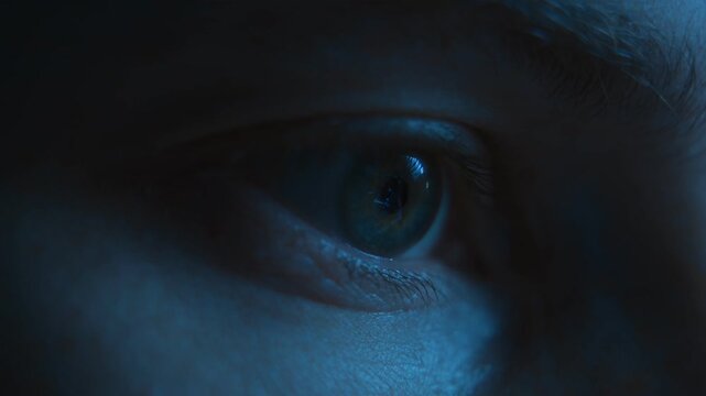 Close-up of a human eye intently looking at a glowing screen illuminated by blue light, while viewing social media feeds or working late at night. 