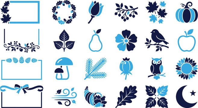 Autumnal decorative elements and seasonal motifs with oak leaves and pumpkins.