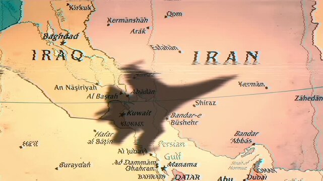 US israeli fighter jets flying over middle East map sign of war and attacking on Iran with Iran response with barrage of missiles with glitch and noise effect. US israel Iran war. World war Looms.