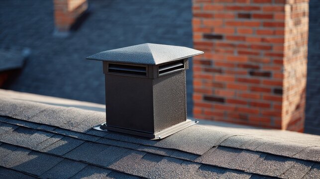 Stunning photo of roof ventilation box on black asphalt shingles. Attic vent system on pitched rooftop near brick chimney. Home exterior details for house construction and.
