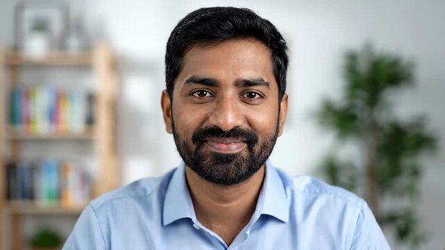 Headshot portrait of a smiling indian adult businessman looking at the camera. Positive male professional on a video conference call or remote job interview