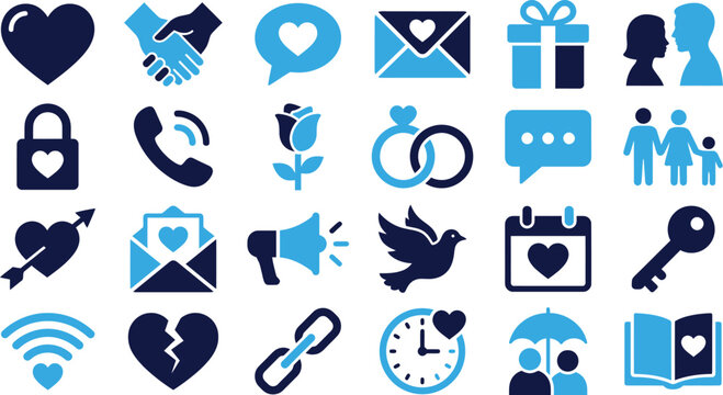 Set of romantic and relationship icons: love, marriage, and connection symbols.