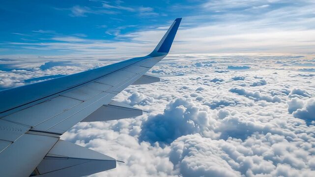 Airplane wing above clouds during flight with blue sky creating a serene travel perspective and sense of freedom and journey