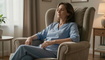 Obraz premium Middle-aged woman relaxing in cozy living room wearing casual loungewear at home