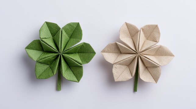 Stunning photo of two origami four-leaf clovers, one green and one beige, arranged on a white background. A symbol of luck and good fortune.