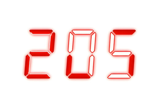 Bright Red Digital Number 205 Displayed on White Background, Clean and Modern.
