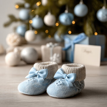 Baby blue bootie Christmas announcement gift tree holiday present festive Soft blue baby bootie with bow wooden floor Christmas tree and gift