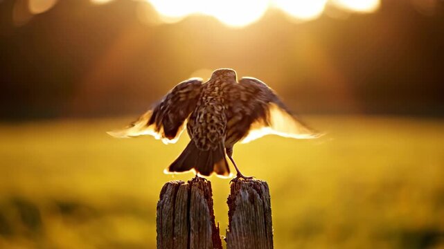 Bird taking flight from post in golden light