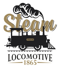 Vector retro logo or emblem with a drawing silhouette of an old vintage railway steam locomotive in cartoon style with the inscription. No ai © paseven