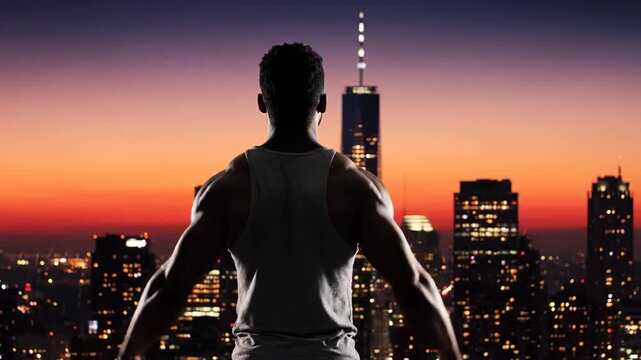 Strong african american man flexing his muscles while looking at the city lights. Bodybuilder silhouette showing power and achievement at dusk. Panoramic sequence of urban fitness motivation