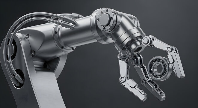 Industrial robot arm with manipulator holding ball bearing in precision engineering workshop.