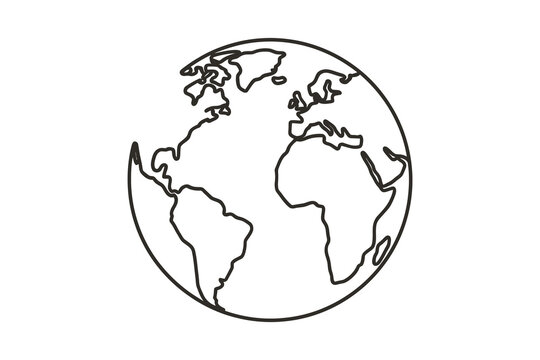Minimalist hand drawn globe outline illustration showing continents in a simple line art style