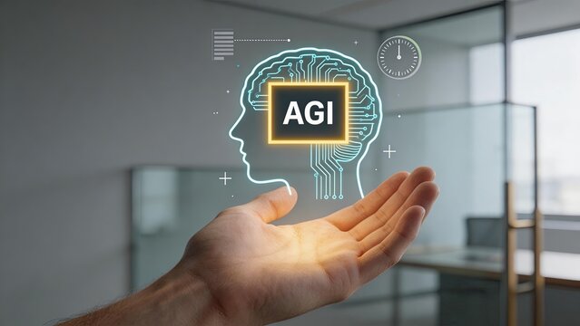 Businessman holding a futuristic hologram of a digital brain with AGI text symbolizing artificial general intelligence innovation and future technology in a modern office