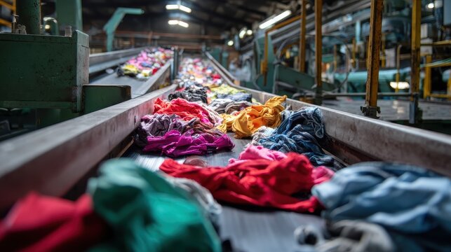 Stunning photo of workers sort textile waste on a conveyor belt in a factory. Automated machinery separates clothes for recycling. Sustainable industry supports circular economy.
