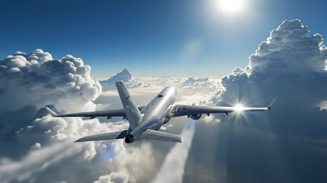Commercial airplane flying through clouds in blue sky during bright sunny day travel and transportation