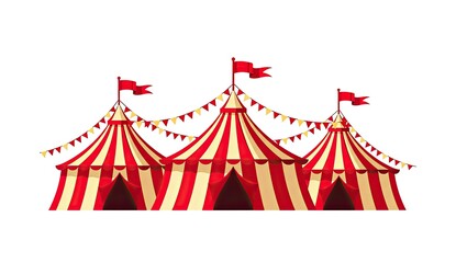 Fototapeta premium Three red and white striped circus tents with flags and bunting