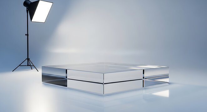 A sleek glass block sits on a shiny floor next to a softbox light on a stand in a studio setting with blue background