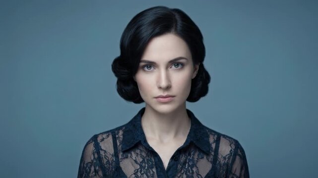 Cinematic triptych of a young caucasian female with a classic 1940s hairstyle. Her expression subtly shifts from pensive to a direct, intense gaze