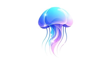 Fototapeta premium Vibrant blue and purple jellyfish illustration with long tentacles on white background aquatic animal concept