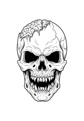 Obraz premium Zombie skull with exposed brain and menacing grin, sharp teeth