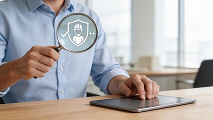 Fototapeta premium Businessman using digital tablet and magnifying glass to inspect worker safety icon symbolizing occupational health monitoring risk assessment and security auditing in modern